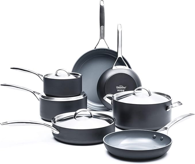 GreenPan Paris Pro Hard Anodized Healthy Ceramic Nonstick 11 Piece Cookware Pots and Pans Set with Stainless Steel Lids PFAS-Free Dishwasher Safe Grey &amp Cooking Tools 5 Piece Utensil Set Blac