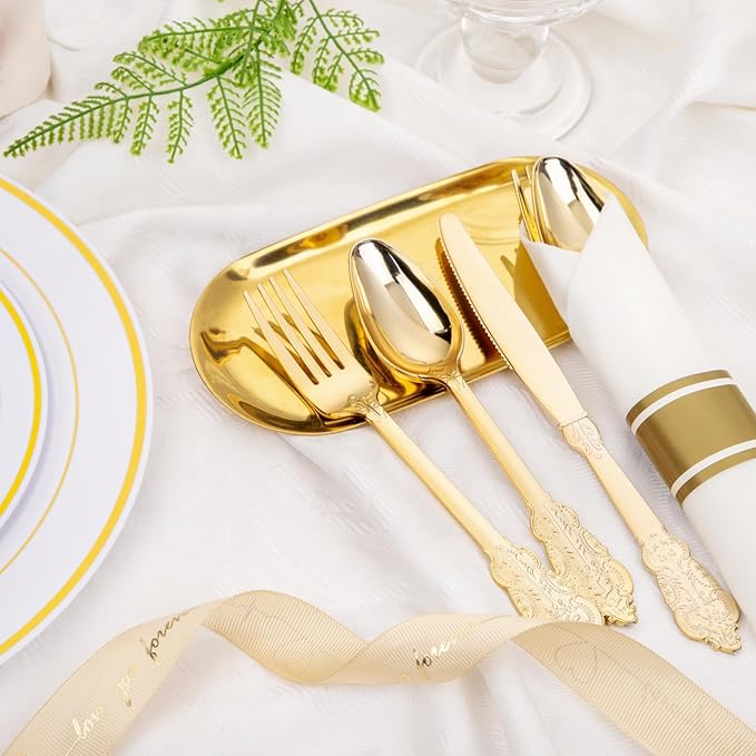Nervure 400PCS Pre Rolled Gold Plastic Silverware Sets - Heavy Duty Fancy Gold Cutlery - Include 100 Pack Wrapped Disposable Utensils with Napkins for Parties Dinners &amp Weddings