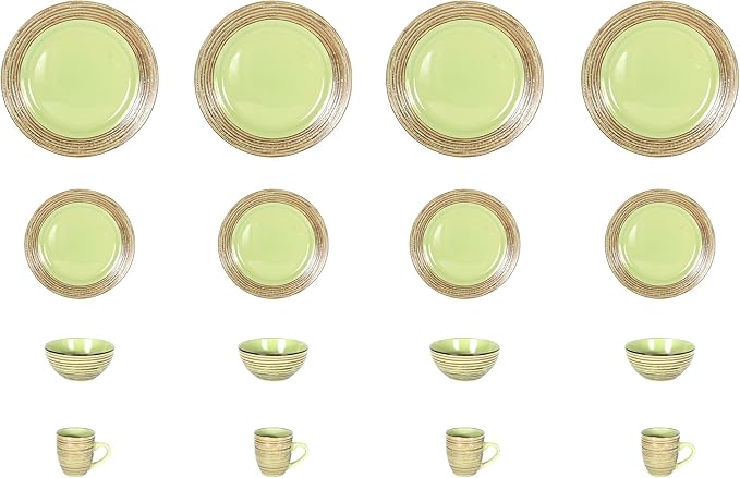 16 Piece Dinnerware Set Ceramic Plates and Bowls Sets for 4 Microwave and Dishwasher Safe Handcrafted Tree Bark Series Dish Set Oak Forest/Dark Green