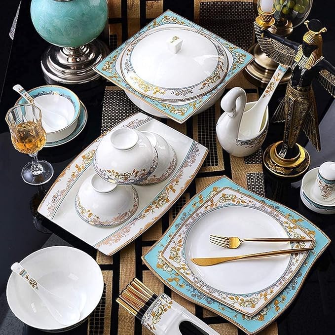 Dinnerware Set Dinner Party Tableware Service Set Ceramics Dinnerware Set with 50-Piece Bowl/Stockpot/Dish/Spoon|Bone China Dinner Sets Porcelain Combination Set50pieces