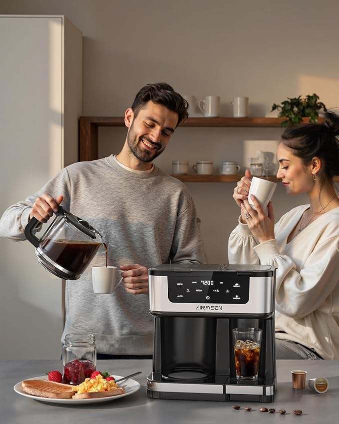 AIRMSEN 12-Cup Programmable Dual Coffee Maker – Single Serve Machine for K-Cup Pods &amp Ground 1000W Fast Brew Delay Start 2H Keep Warm Touchscreen 60oz Tank Glass Carafe – Home &amp Office