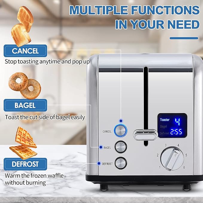 CUSIMAX Stainless Steel 2 Slice Toaster with LED Display Extra-wide Slots 6 Browning Settings Cancel/Bagel/Defrost Removable Crumb Tray Silver