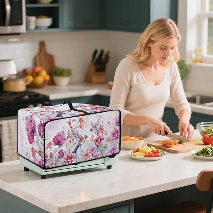 Purple Hummingbird Toaster Oven Cover Heavy Duty Heat-resistant Waterproof Dust-Proof Protective Case with Side Pockets for Bake Air Fry Toaster Oven