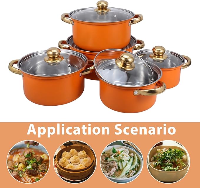 5 Sets Kitchen Cookware Sets: Stainless Steel Pots And Pans Cooking Pot With Saucepan Stockpot With Glass Lids For Most Stovetops