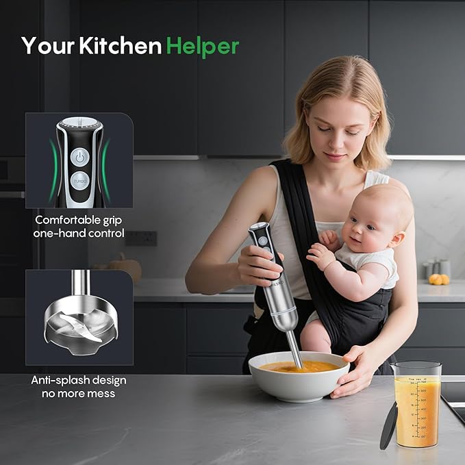 FRESKO Immersion Handheld Blender 500W with 700ml Beaker 12-Speed &amp Turbo Mode Hand Blender Stick 304 Stainless Steel Blades for Soup Smoothie Puree Baby Food