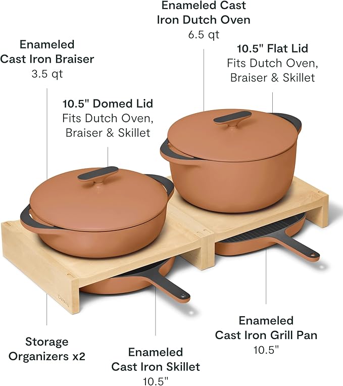 Caraway 8-Piece Enameled Cast Iron Set - 10.5” Skillet Grill Pan 3.5 qt Braiser Pan 6.5 qt Dutch Oven with Lid and Organizers - Non-Toxic 3-Layer Enamel Coating - No Seasoning Required - Rust