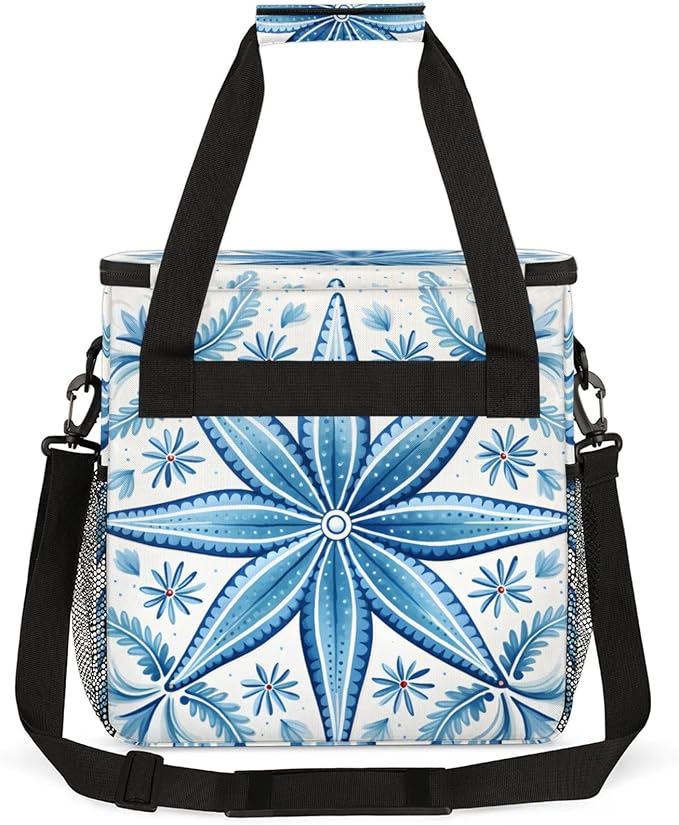 Blue Flowers Style Coffee Maker Travel Bag for Keurig K-Mini/K-Mini Plus Insulated Waterproof Tote with Pockets for K-Cup Portable Single-Serve Brewer Case