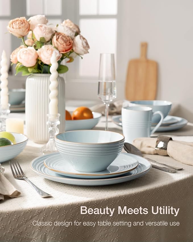 Famiware Jupiter Stoneware Dinnerware Sets Handcrafted Plates and Bowls with Embossed Swirl &amp Speckles Blue - Chip &amp Scratch Resistant Dishwasher &amp Microwave Safe Modern Dishes for 4 (1