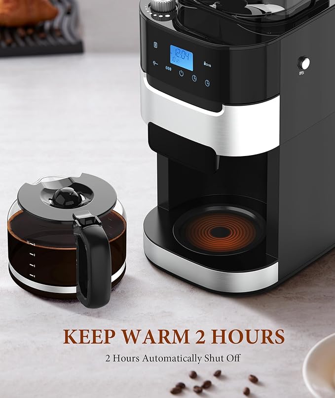 Joy Pebble 10-Cup Drip Coffee Maker with Built-in Grinder Touch-Screen Programmable Brew Coffee Machine with Timer 8 Grinding Settings Reusable Filter Keep Warm Plate 50.7oz Water Tank