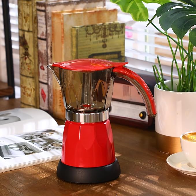 Electric Espresso Maker Transparent Coffee Maker Electric Moka Pot Portable Aluminum Espresso Machine Italian Moka Pot with Detachable Base Coffee Gift for Women Men Home Travel(Red6 Cup)