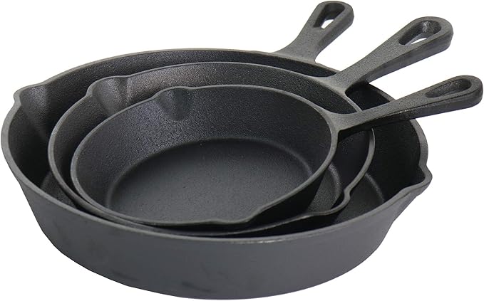 Megachef Skillet Trio Pre-Seasoned Cast Iron Cookware Set 3 Piece Black