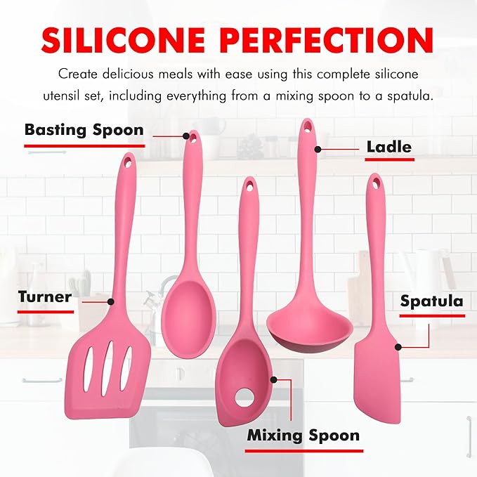 Chef Craft - Premium Silicone Kitchen Tools and Utensils Set Non-Scratch Withstands Temperatures up to 450°F BPA-Free 5 Piece Cooking Utensils Set Pink