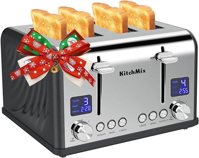 Toaster 4 Slice Bagel Stainless Toaster with LCD Timer Extra Wide Slots Dual Screen Removal Crumb Tray (Gray)