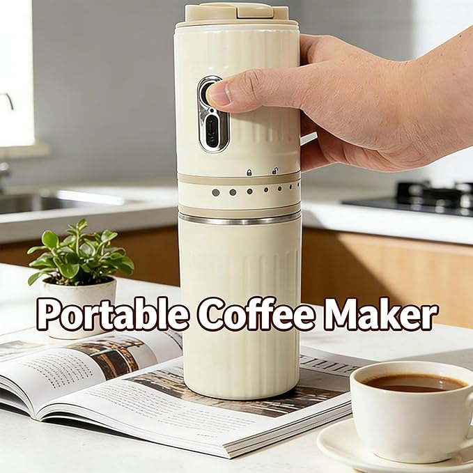 Portable Coffee Maker Compact Mini Coffee Grinder and Brewer with Built in Grinder and One Key Operation for Home Use and Travel