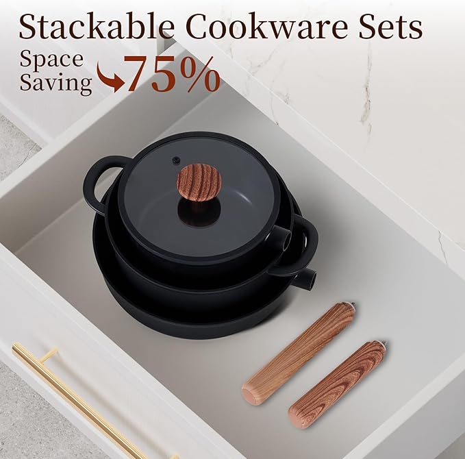JEETEE Ceramic Cookware Set 13 Pcs Pots and Pans Set Nonstick with Rotation Removable Handles Healthy Non-Toxic Cooking Set for All Stoves Stackable Pots Pans Oven Safe PFOA/PFOS Free Black