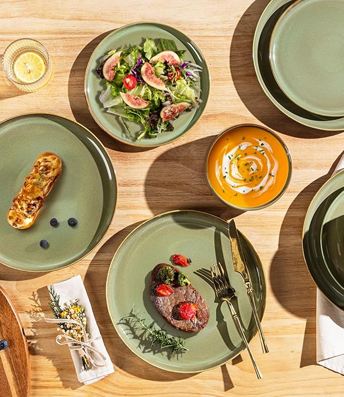 TheTerra Ceramic Dinnerware Sets for 6 18 Pieces Handmade Reactive Glaze Plates and Bowls Set Scratch Resistant Dish Set Oven &amp Microwave &amp Dishwasher Safe Sage Umber