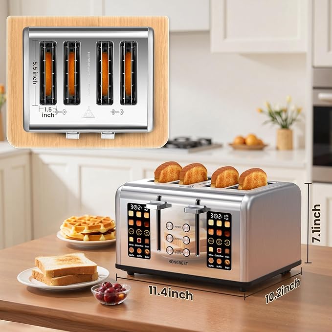 4 Slice Touch Screen Toaster Easy-to-Use Digital Stainless Steel Toaster with Wide Slots Reheat Defrost Cancel Removable Crumb Tray Silver