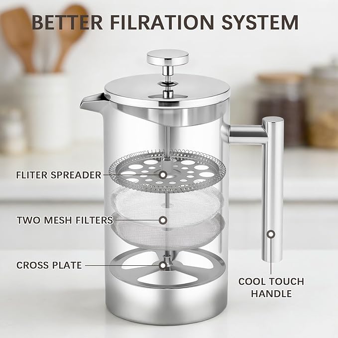 French Press Coffee Maker 304 Grade Stainless Steel French Press with 2 Extra Filters for Home Office Travel Camping - 34OZ/1 Litre (Sliver)