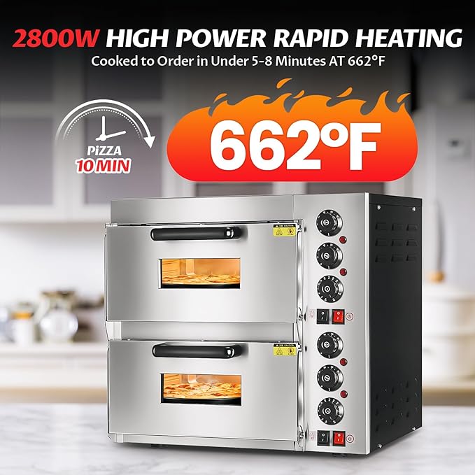 Double Deck Commercial Pizza Oven 16 Inch Countertop Electric Pizza Oven with Pizza Stone Max Temperature Up to 662°F Stainless Steel Fast Baking Pizza Maker 2800W Energy Efficient Easy to Clean