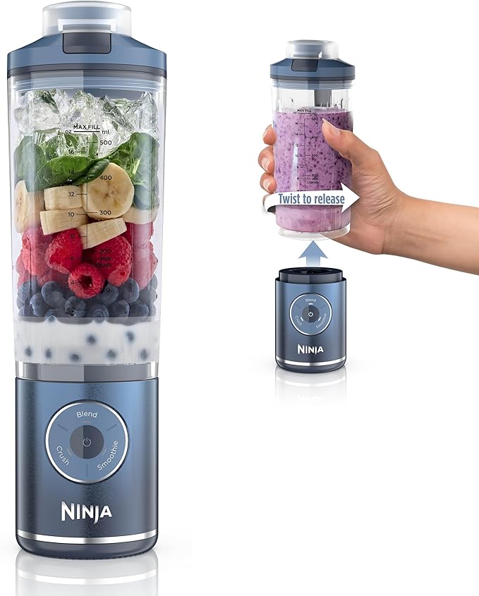 Ninja Blast Max Portable Blender + Twist &amp Go Personal Smoothie Blend Ice Crush 3 Programs Cordless 22 oz removable Vessel Dishwasher Safe Leakproof Navy BC251NV