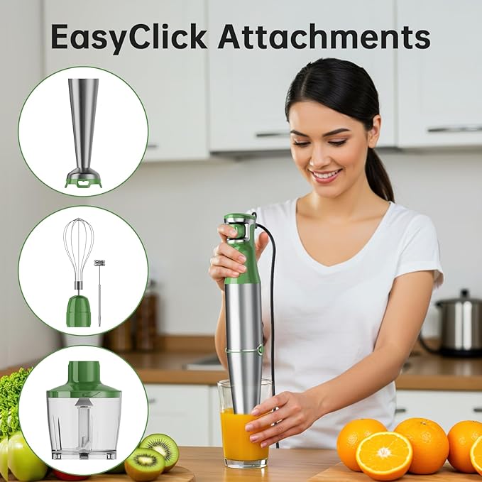 Immersion Blender Handheld Corded Hand Blenders Set 1100W Trigger Variable Speed 5 in 1 Stick Emulsifier with Chopper Whisk and Frother for Soup Baby Food and Smoothies Green