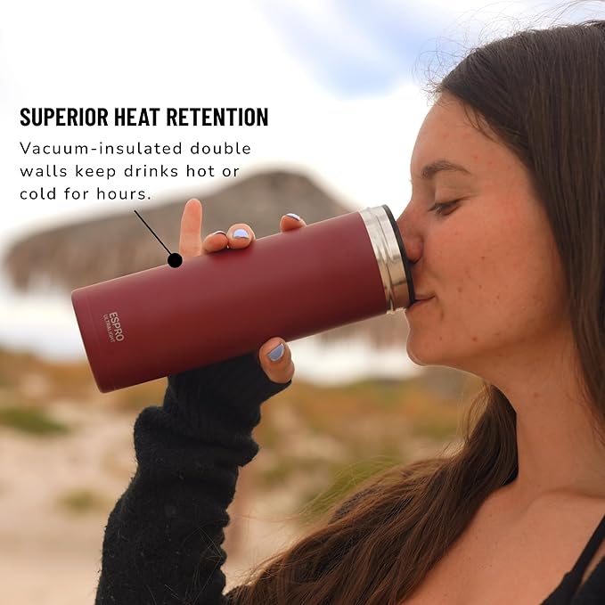 ESPRO P0 Ultralight French Press Coffee Maker for Travel Vacuum Insulated Stainless Steel 16 Ounces Cranberry