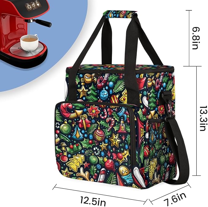 Christmas Bell Stars Coffee Maker Carrying Bag Portable Travel Storage Tote Bag Compatible with K-Mini or K-Mini Plus Single Serve Coffee Brewer Carrying Case with Multiple Pockets &amp Shoulder St