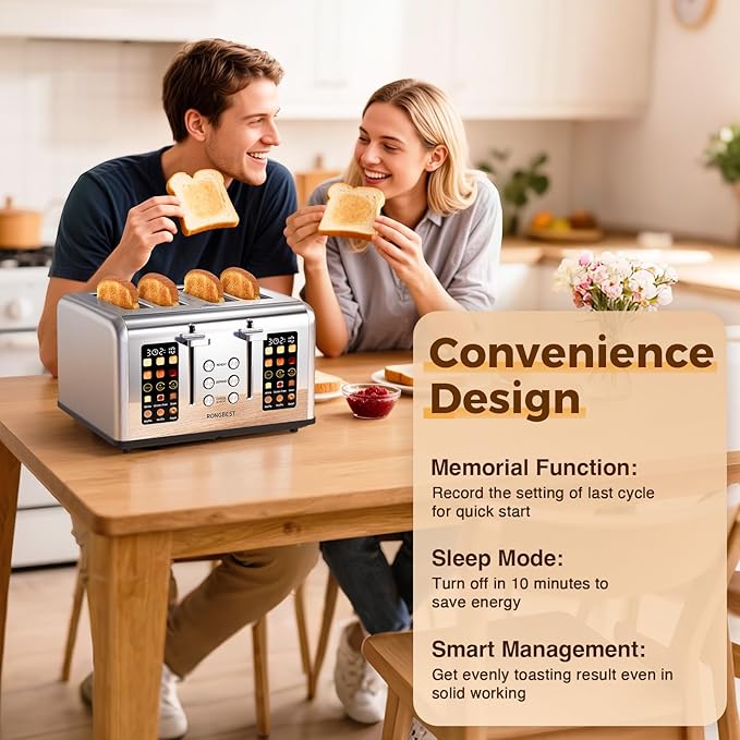 4 Slice Touch Screen Toaster Easy-to-Use Digital Stainless Steel Toaster with Wide Slots Reheat Defrost Cancel Removable Crumb Tray Silver