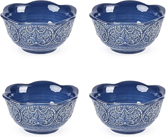 Sungmor Embossed Stoneware Fine Dining Dinnerware Antique Baroque Style Porcelain 6 Inch (20 oz) Flower Shape Bowls Set of 4 Sophisticated Ceramic Bowls for Soup Cereal Oatmeal Rice Pasta Salad