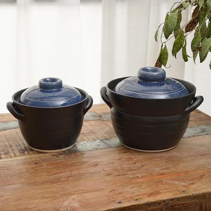 Banko-ware Donabe Japanese Earthenware Rice Pot with Double-Lid Technology – Elegant Jet-Black &amp Blue Design – Ensures Fluffy Rice Every Time – Includes English Manual – Made in Japan (1-2 per)