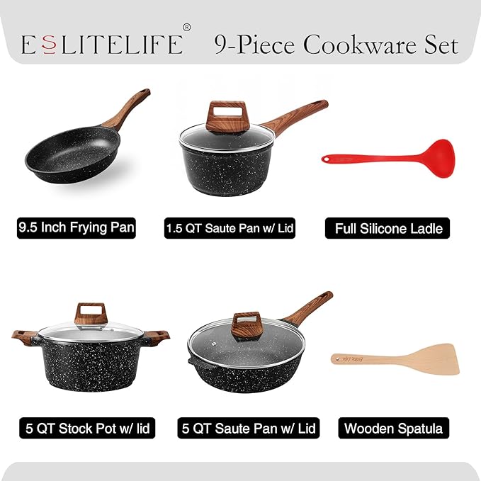 ESLITE LIFE Nonstick Cookware Sets 9 Pcs Granite Coating Pots and Pans Set Kitchen Cooking Set Compatible with All Stovetops (Gas Electric &amp Induction) PFOA Free Black