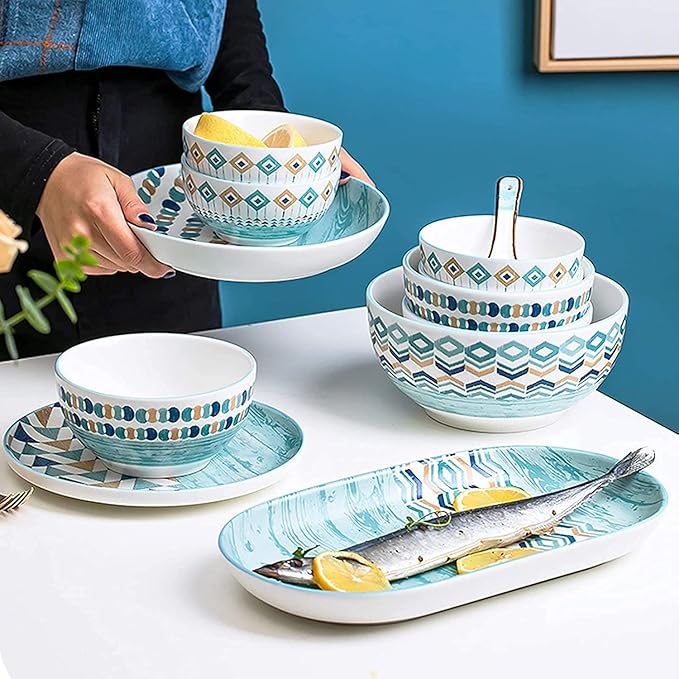 Porcelain Dinnerware Sets Plates and Bowls Sets Ceramics Dinner Sets Blue Patterns Porcelain Dinnerware Set of 42 | Cereal Bowl and Steak P