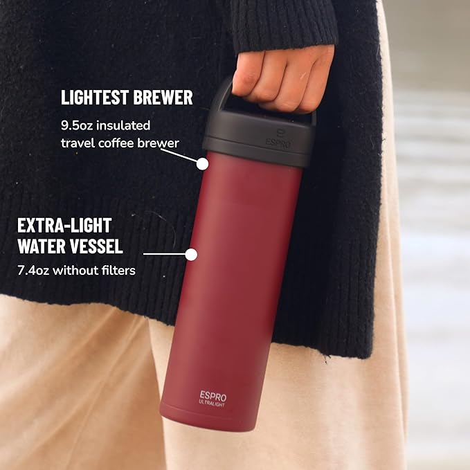 ESPRO P0 Ultralight French Press Coffee Maker for Travel Vacuum Insulated Stainless Steel 16 Ounces Cranberry