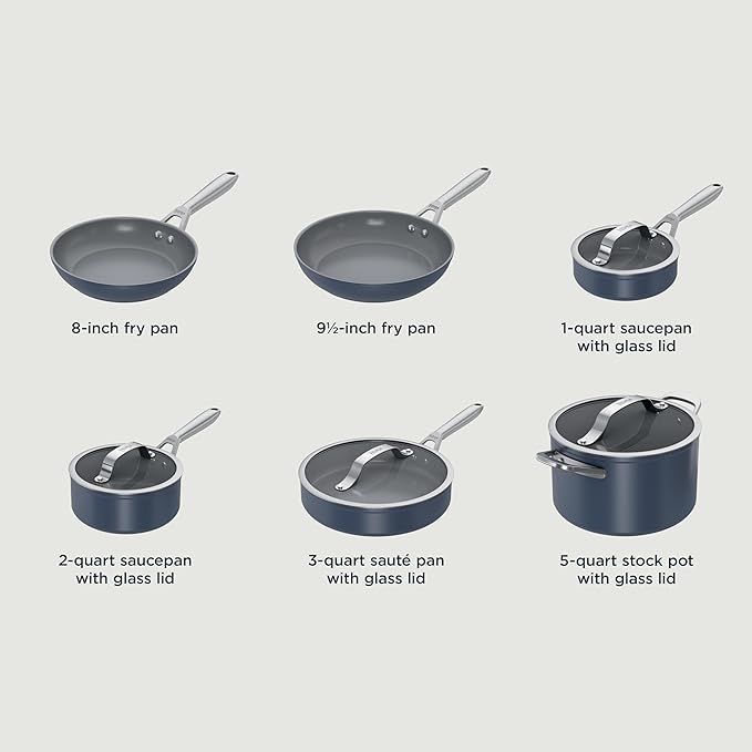 Ninja Ceramic Pro 10Piece Cookware Set NonStick Pots &amp Pans Set with Glass Lids Nontoxic PTFE Free Ceramic Coated Stove to Oven Safe All Stovetop &amp Induction Compatible Midnight Blue C