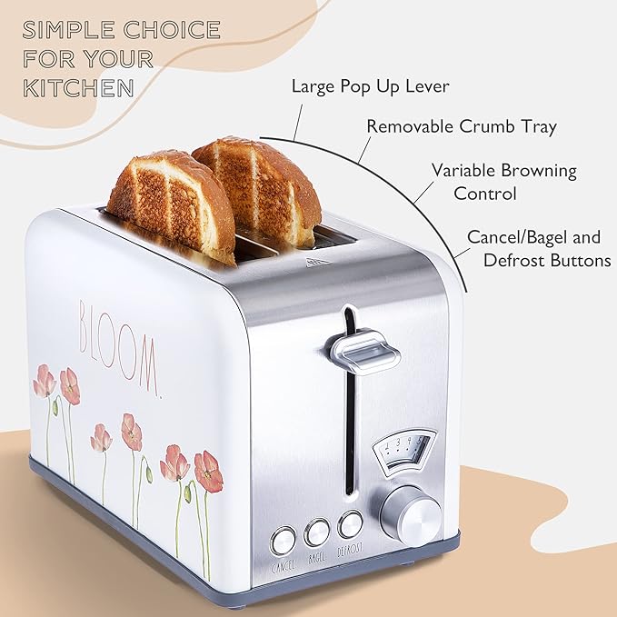 Rae Dunn Toaster Stainless Steel 2 Slice Square Toaster Wide Slot with 5 Browning Levels with Bagel Defrost and Cancel Options (White Floral)