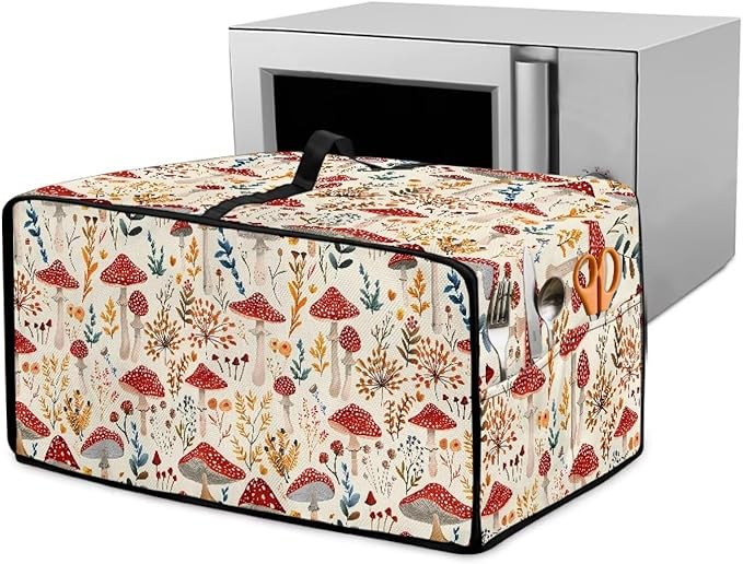 Heat-Resistant Toaster Oven Cover Faux Linen Polyester Appliances Dust Cover for Convection Toaster Oven Air Fryer with Top Handle Side Pockets Red Mushroom