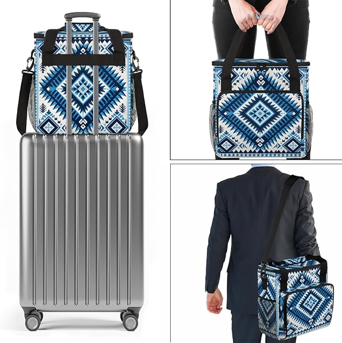 Blue Geometry Aztec Coffee Maker Carrying Bag Portable Travel Storage Tote Bag Compatible with K-Mini or K-Mini Plus Single Serve Coffee Brewer Carrying Case with Multiple Pockets &amp Shoulder Str