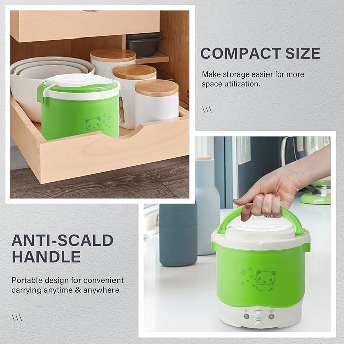 OSBA Mini Rice Cooker 1L Travel Rice Cooker Small 12V For Car Cooking For Soup Porridge and Rice Cooking Heating and Keeping Warm Function(Green)