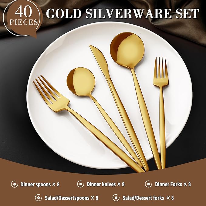 CEKEE Gold Silverware Set 40 Piece Gold Utensils Set Service for 8 Stainless Steel Flatware Set Include Knives Spoons and Forks Cutlery Set for Kitchen Home Restaurant Wedding Satin Finish