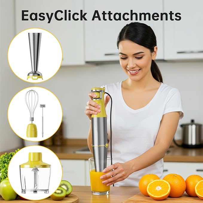 Immersion Blender Handheld Corded Hand Blenders Set 1100W Trigger Variable Speed 5 in 1 Stick Emulsifier with Chopper Whisk and Frother for Soup Baby Food and Smoothies Yellow