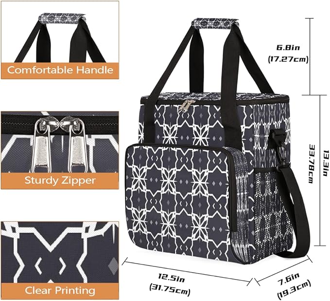 Grid Flower Black &amp White Mandala Coffee Maker Carring Bag Travel Carrying Storage Tote Bag Compatible with Keurig K-Mini or K-Mini Plus Portable Single Serve Coffee Brewer Case with Pockets
