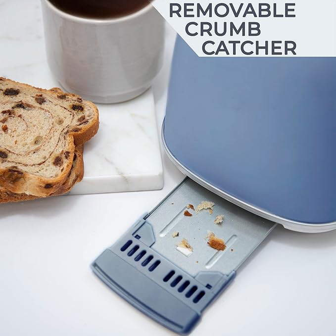Rae Dunn Retro Rounded Bread Toaster 2 Slice Stainless Steel Toaster with Removable Crumb Tray Wide Slot with 6 Browning Levels Bagel Defrost and Cancel Options Navy