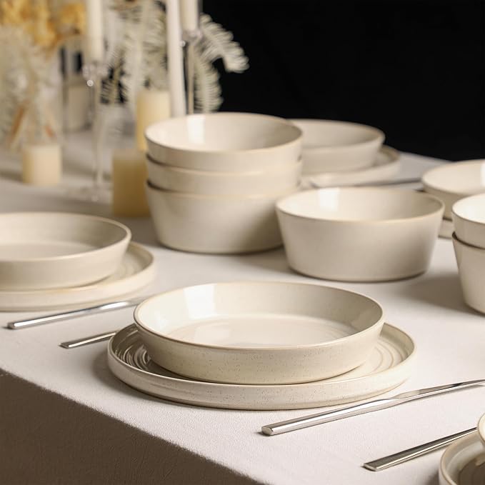 Stone Lain Claire 12-Piece Dinnerware Set Stoneware Plates and Bowls Set Dishwasher and Microwave Safe Dish Set for 4 White