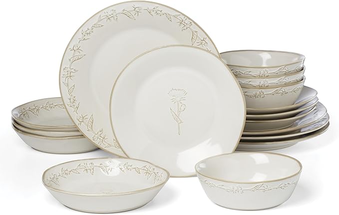 Lenox Dinnerware Set Homespun 16-Piece Set Service For 4 Stoneware Material Dishwasher &amp Microwave Safe Home And Kitchen Dishes Kitchen And Dining Plates And Bowls Sets (White 16 Pieces)