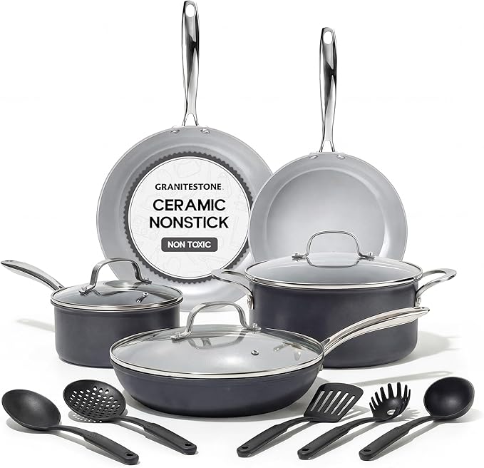 Granitestone Pro 13pcs Pots and Pans Set Non Stick Ceramic Cookware Set with 5 Utensils Premium Chef Quality Hard Anodized Exterior with Diamond and Mineral Coating Oven and Dishwasher Safe