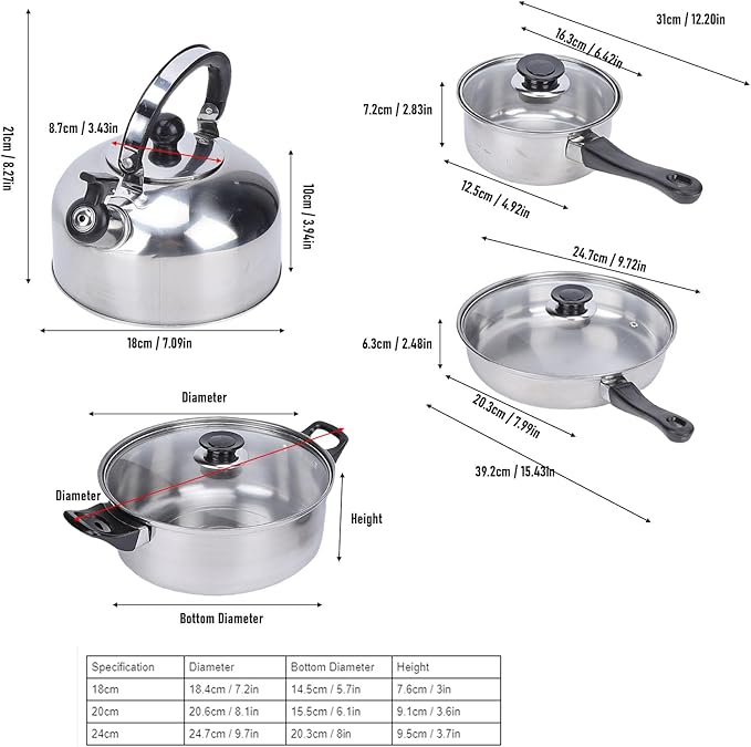 Asixxsix Cookware Set Stainless Steel Pots and Pans Set with Tea Kettle Glass Lids Plastic Handle Saucepans Saute Pan Kitchen Cooking Set for Cooking Frying Boiling Stewing