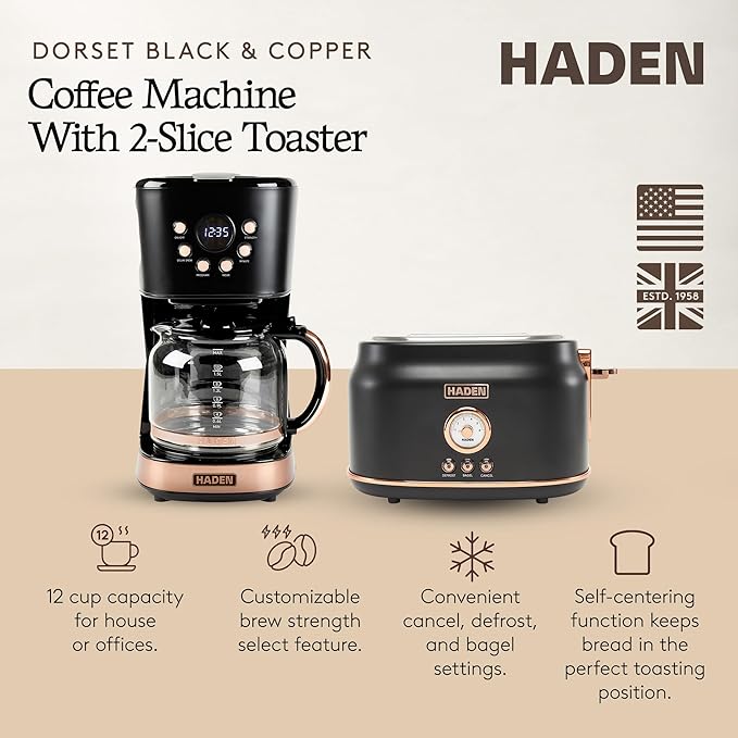 Haden Dorset 2 Slice Wide Slot Stainless Steel Toaster Bundled with 12 Cup Programmable Drip Coffee Maker Coffee Machine Black &amp Copper