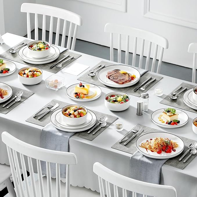 MALACASA Plates and Bowls Sets 18 Pieces Modern Porcelain Dinnerware Set for 6 White Kitchen Dinner Ware Set wtih Black Rim Ceramic Dishware Dishes Microwave and Dishwasher Safe Series LUNA