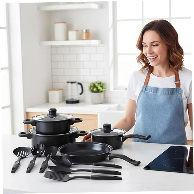 Non Stick Pots and Pans Set 13 Piece Cookware Set with Frying Pans Saucepan Lids Spoon Spatula and Accessories for Home Kitchen Cooking Non Stick Cookware for Daily Use