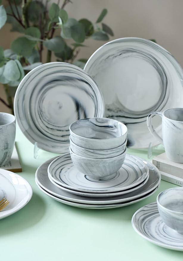 16 Piece Marble Dishes Dinnerware Sets Marble Porcelain Dinnerware Set Grey (4×Dinner Plates 4×Dessert Plates 4×Bowls 4×Mugs 16 Pack)